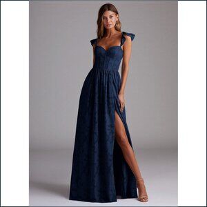 [NWT] Azazie Atelier Evelyn Navy Corset Maxi Dress - Size 14